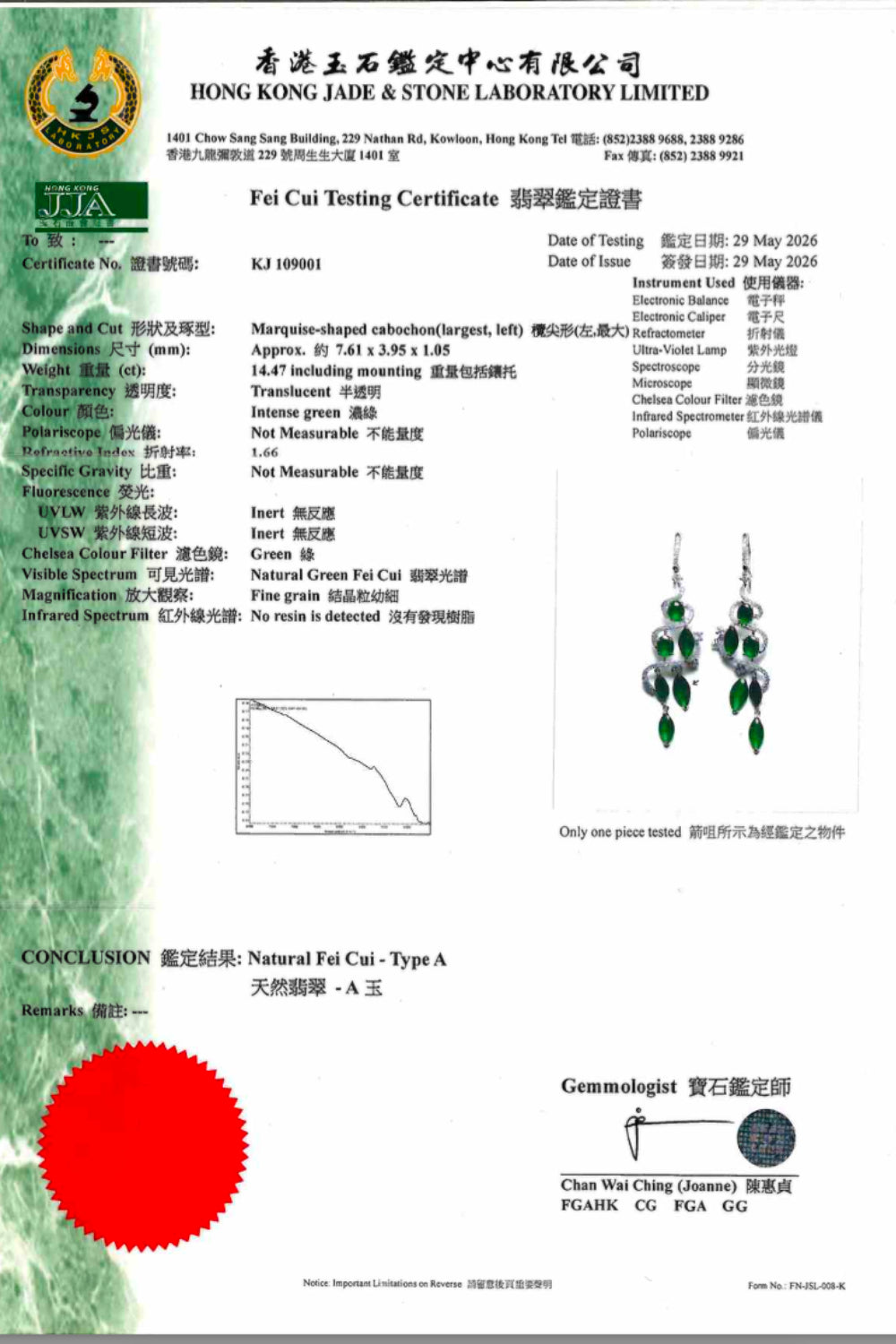 Complete HKJSL Standard Certificate showing thirteen test results for a natural Type A jadeite piece, including physical description, optical properties, spectroscopic analysis, and formal conclusion confirming natural untreated Fei Cui.
