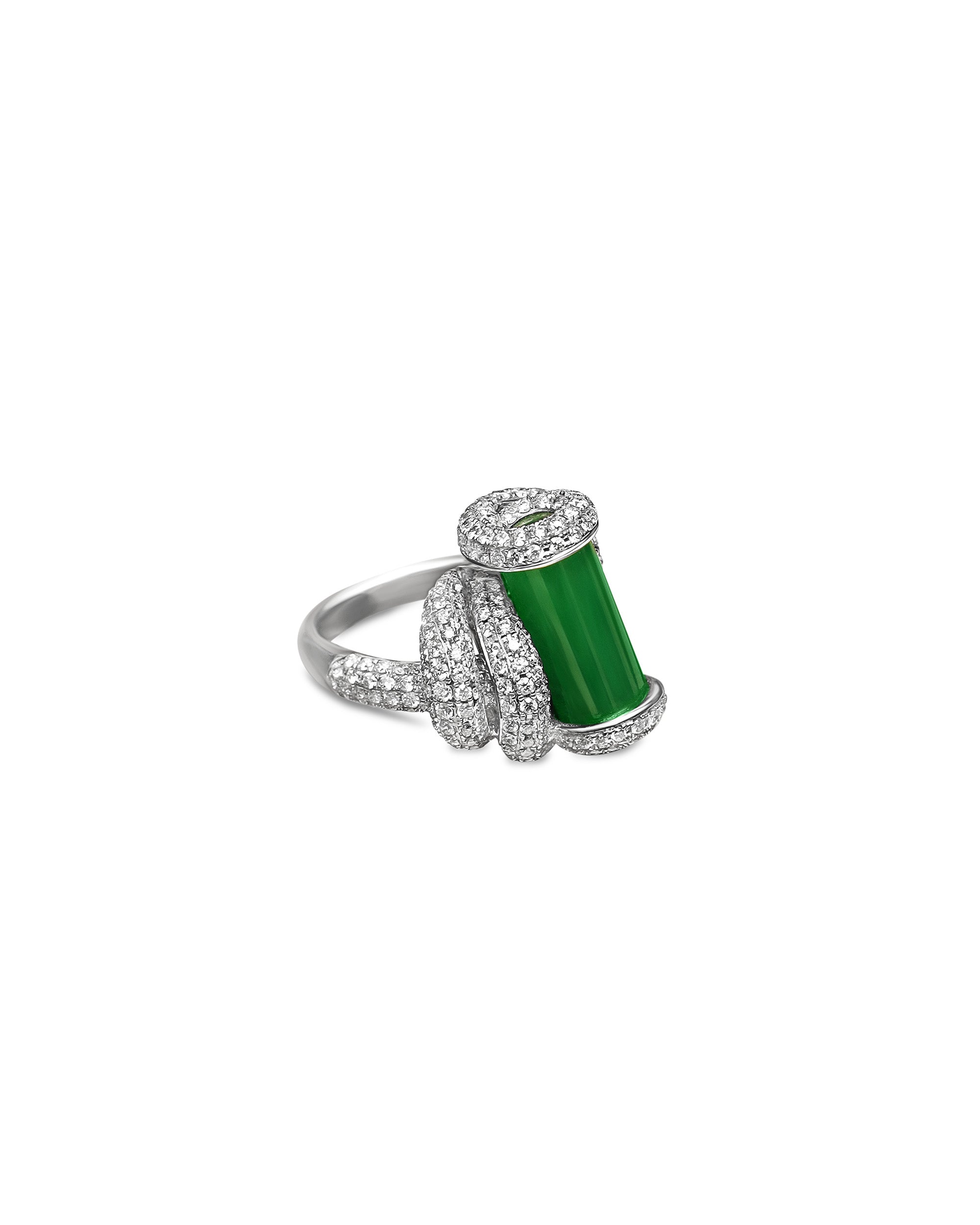 The Cylinder Knot Ring featuring an intense green jadeite cylinder with pavé diamond rope knot setting on the shank against a white background, side view showing the upright cylinder profile and the diamond knot structure wrapping around the band.