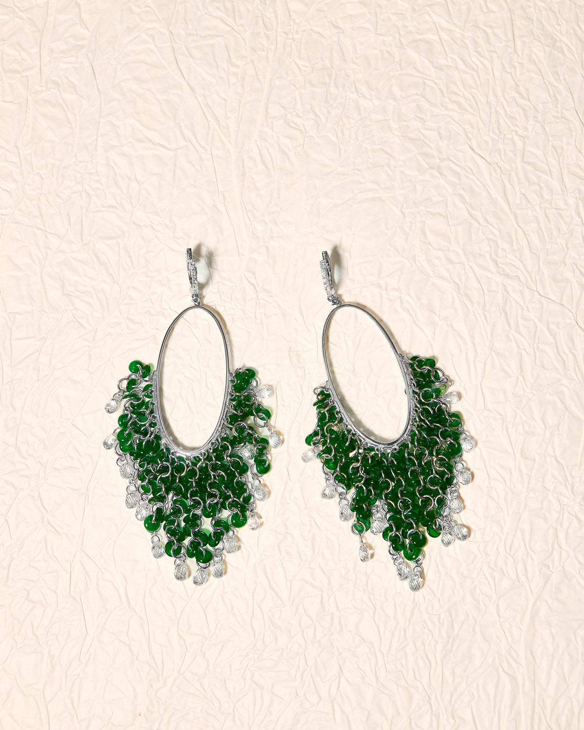 Back view of The Fringe Disc Drop Earrings highlighting the layered depth of the vertical chains and the free-swinging briolette diamonds.