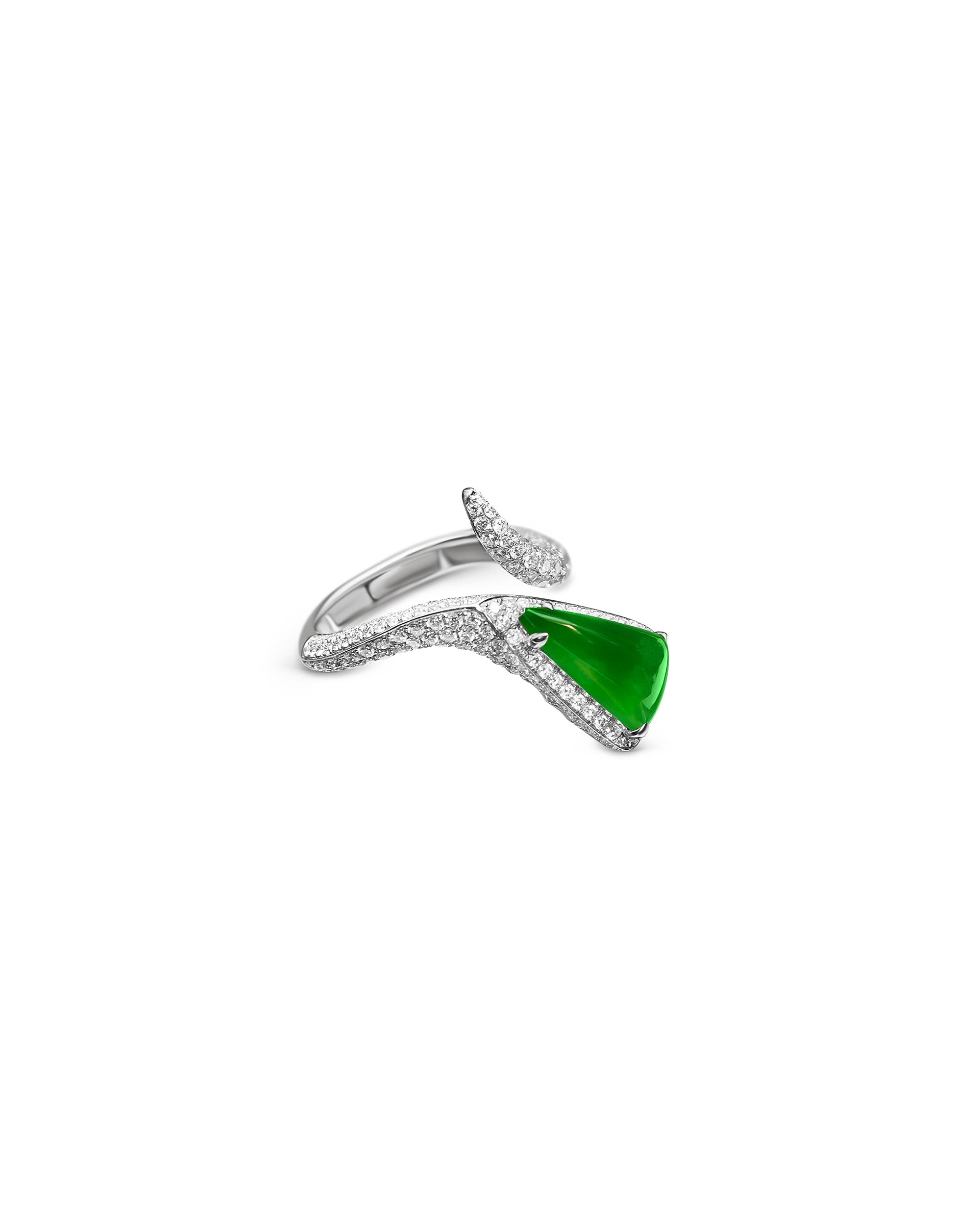 Triangular bright green jadeite bypass ring with pavé diamond band on white background, front view showing triangle-up orientation and the structural cradle of the bypass band.