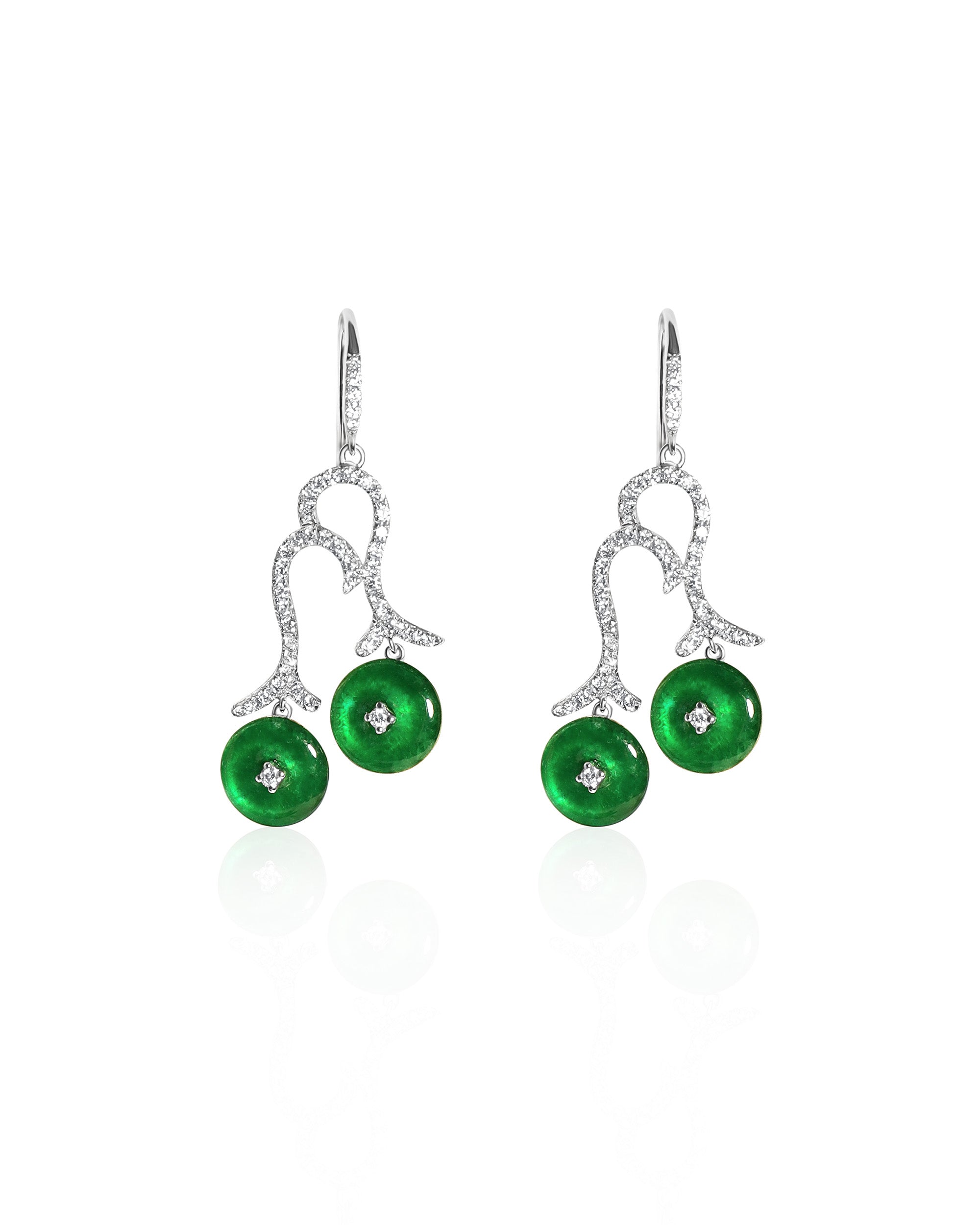 Twin Arc Drop Earrings featuring pavé diamond arcs and flat huaigu jadeite discs, highlighting elegant curves, set against a white background, front view.