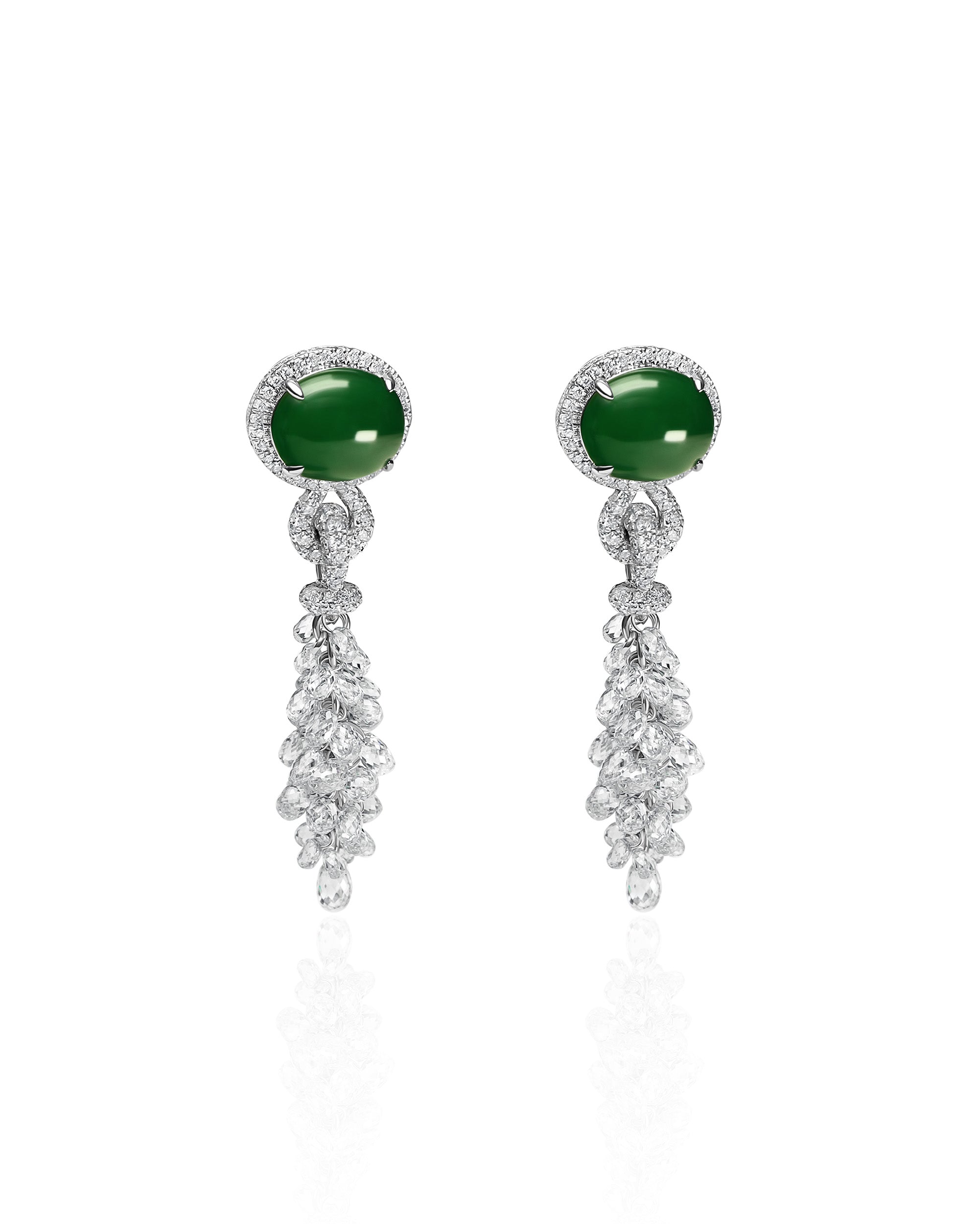 Close front view of The East-West Oval Cabochon Drop Earrings on a white background, showing the horizontal cabochon, structured diamond halo, and cascading briolette diamonds.