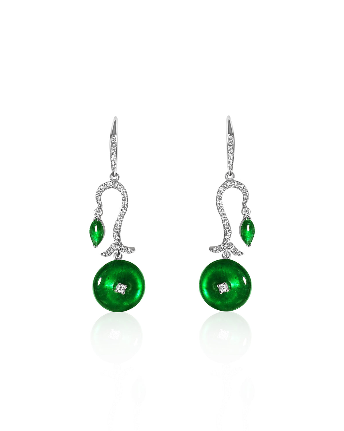 Bright green jadeite drop earrings with a single pavé diamond arc, small marquise stone at the top, and a round disc at the base, set against a white background, front view.