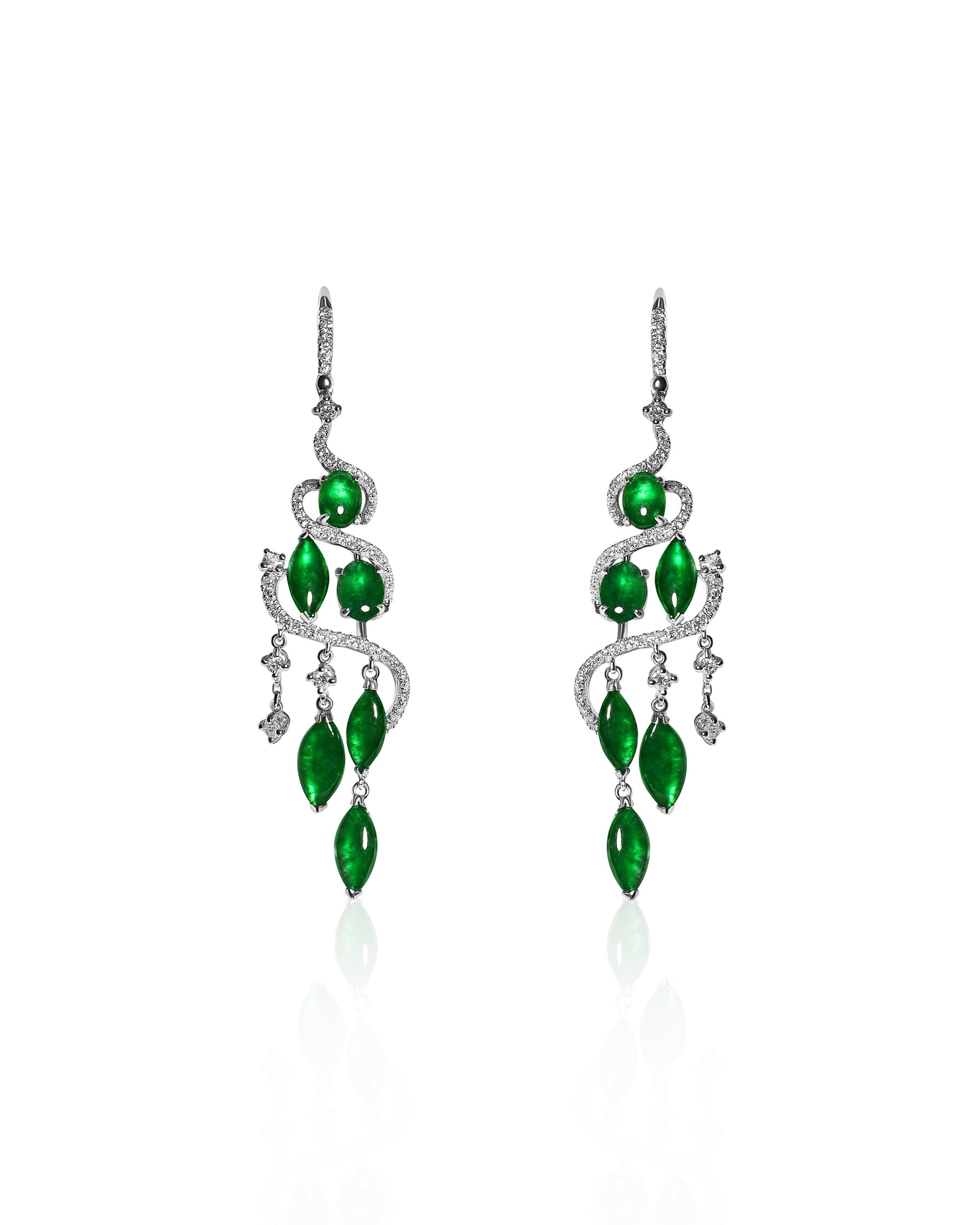 Bright green jadeite drop earrings with pavé diamond cascade, front view showing tiered oval and marquise cabochons, set against a white background, front view.