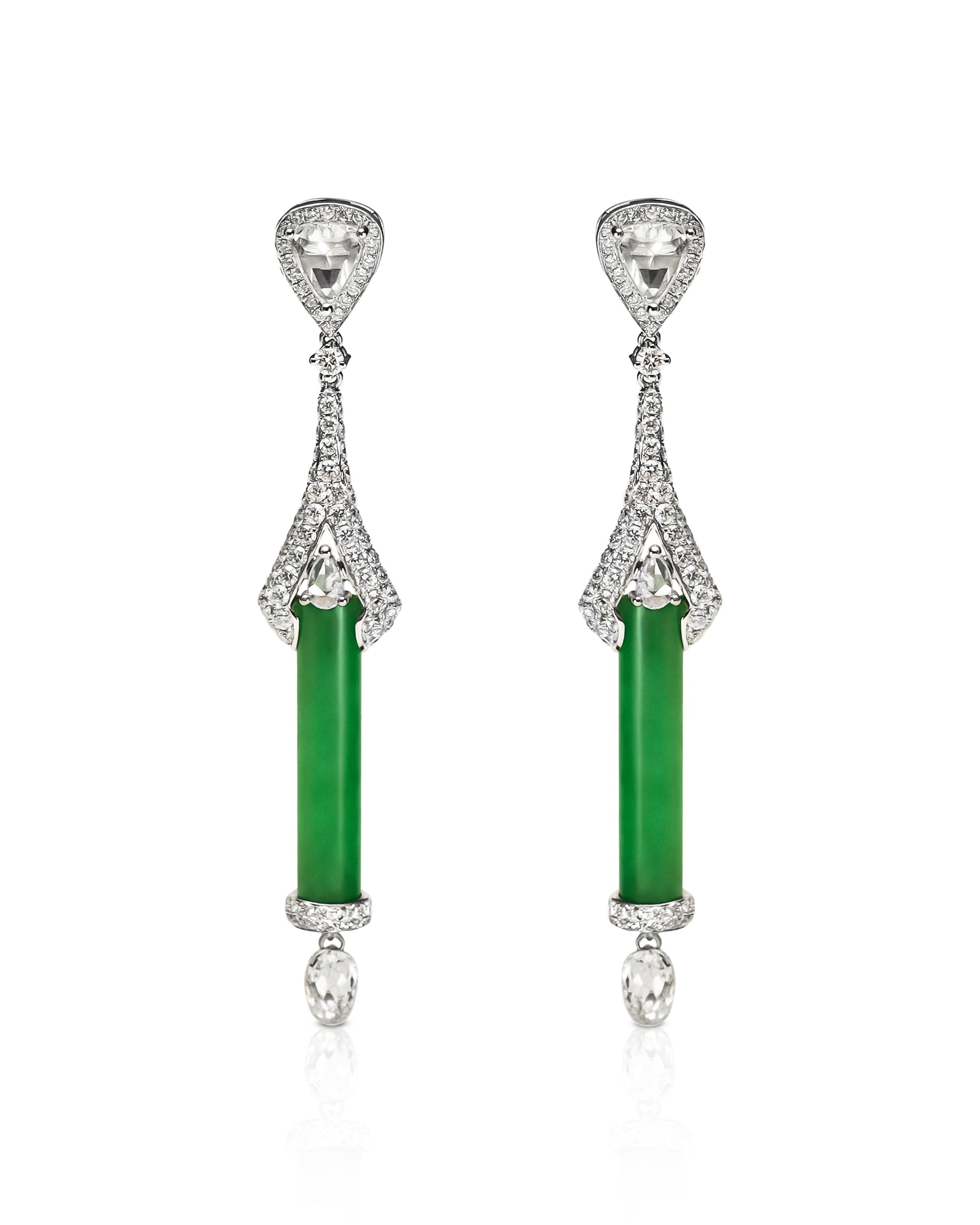 Intense green jadeite cylinder drop earrings with geometric pavé diamond fan and oval briolette on white background, front view showing elongated drop silhouette.