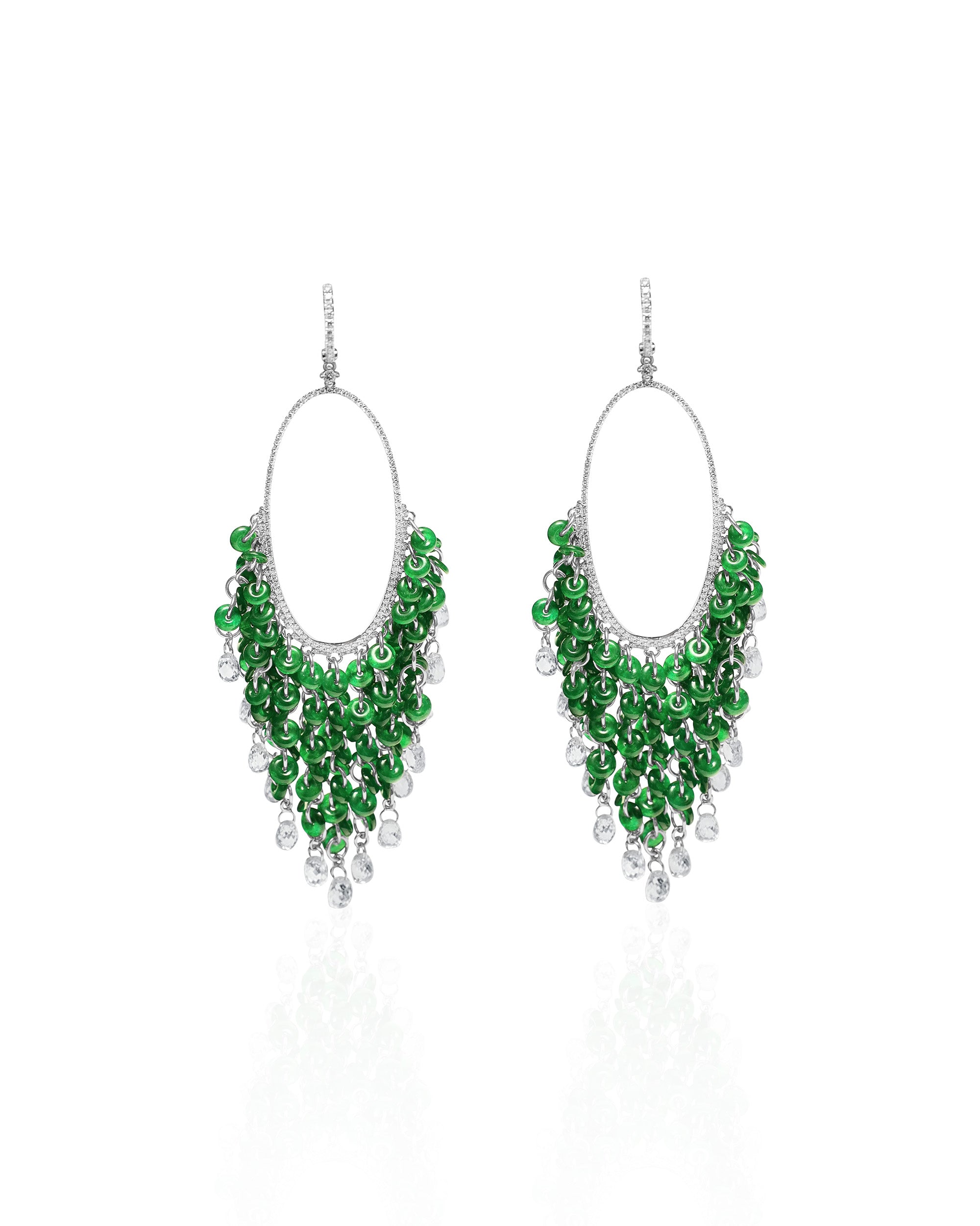 Cascading fringe of intense green jadeite huaigu discs and oval briolette diamonds on a white background, front view showing full drop.