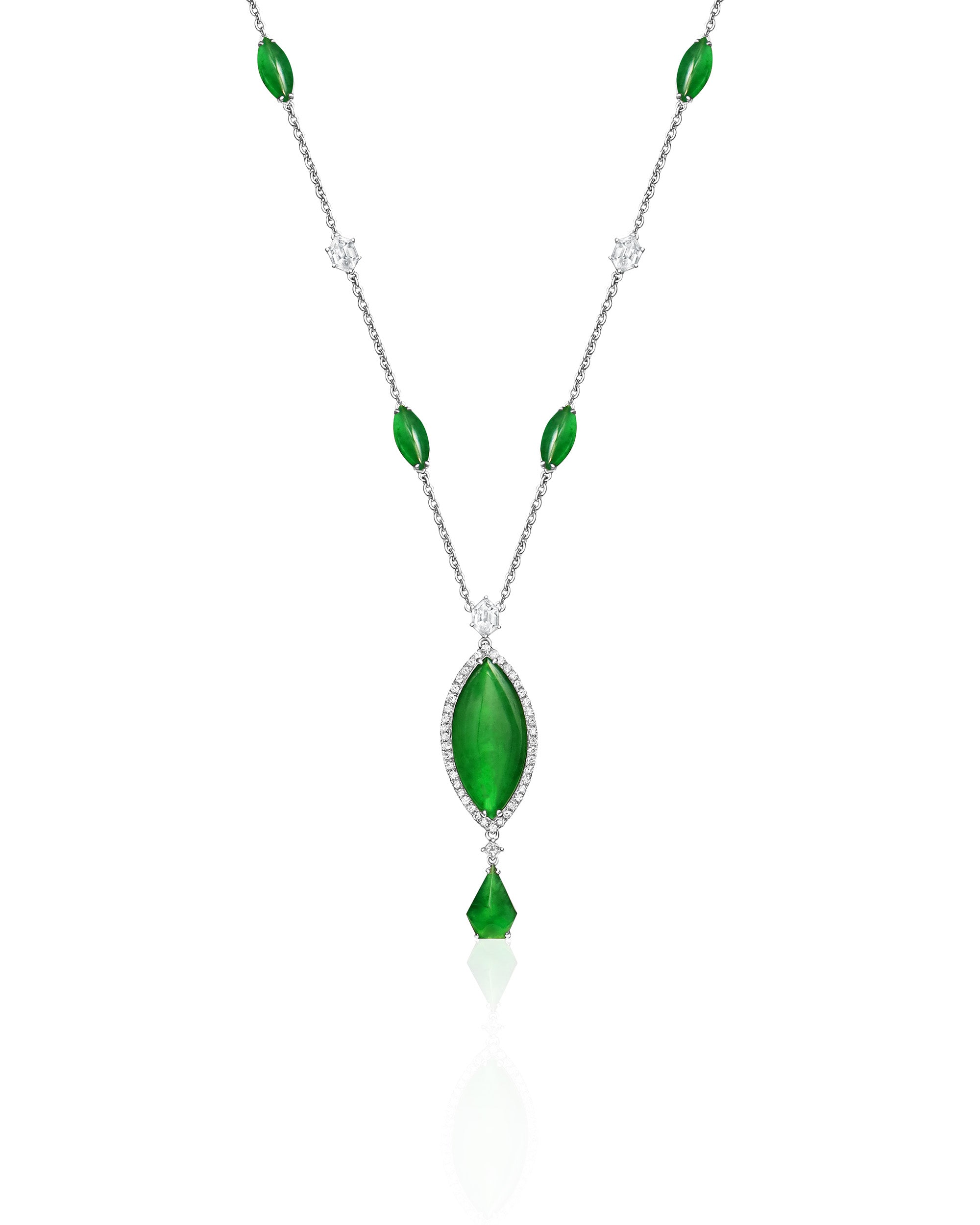 Close front view of The Marquise Cascade Necklace on a white background, showing the precise rhythm of alternating marquise-shaped cabochons and rose-cut diamonds along the chain.